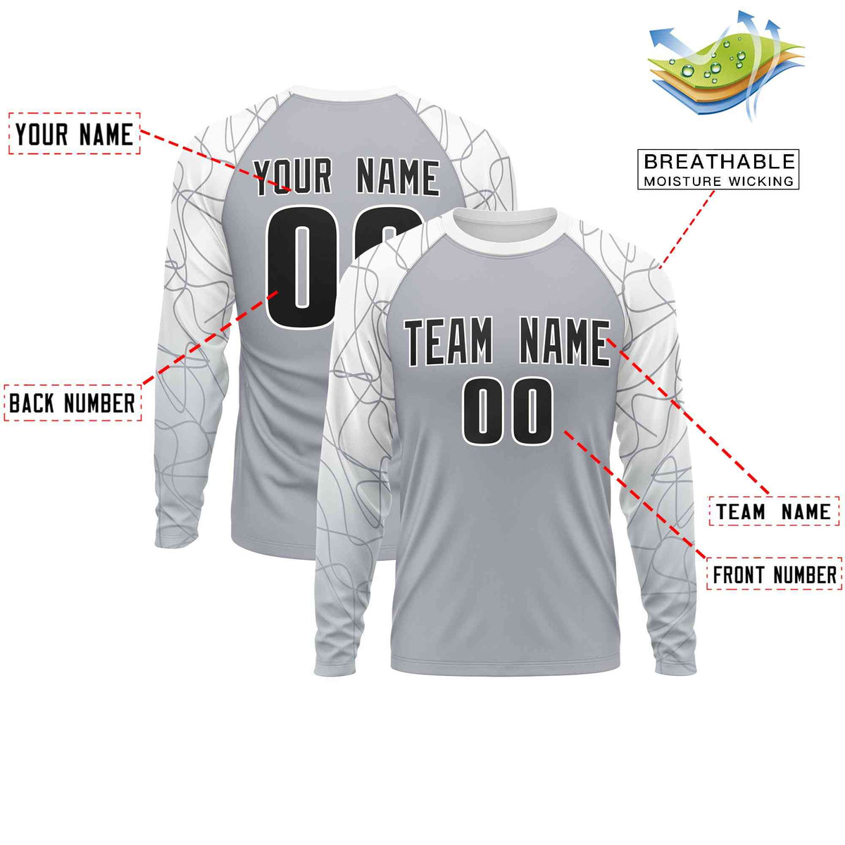 Custom Silver White Tangled Lines Pattern Raglan Long Sleeve Performance T-Shirt| KXKSHOP