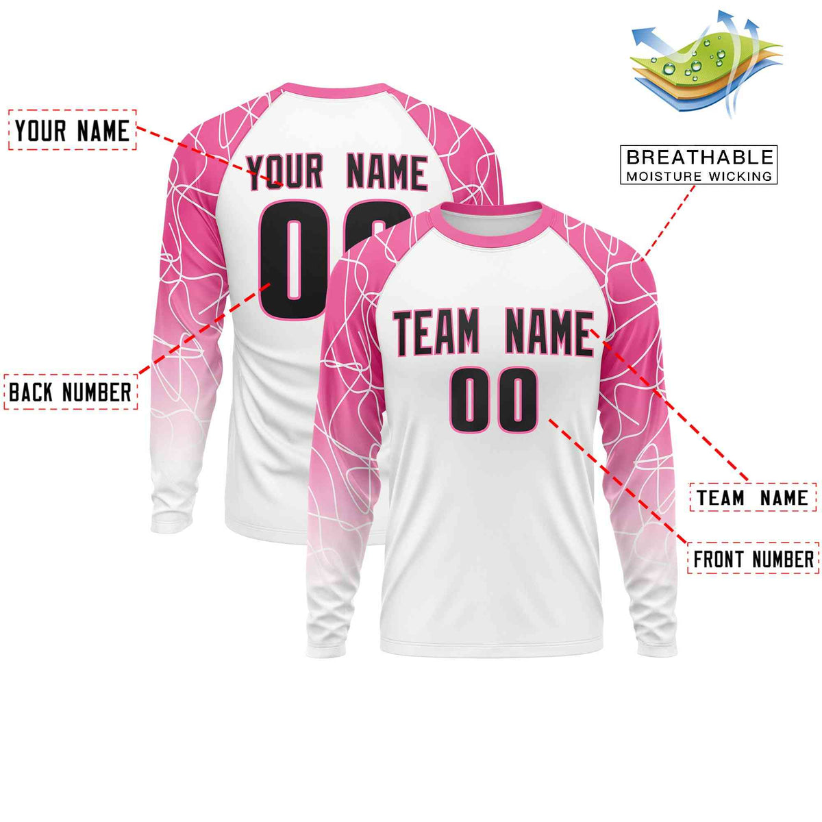 Custom White Pink Tangled Lines Pattern Raglan Long Sleeve Performance T-Shirt| KXKSHOP