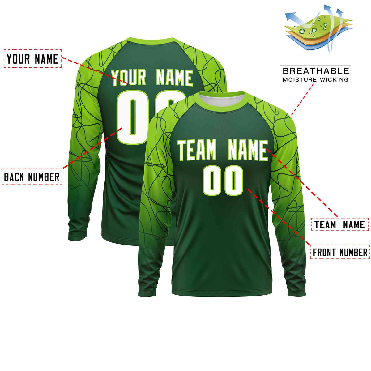 Custom Green Neon Green Tangled Lines Pattern Raglan Long Sleeve Performance T-Shirt| KXKSHOP