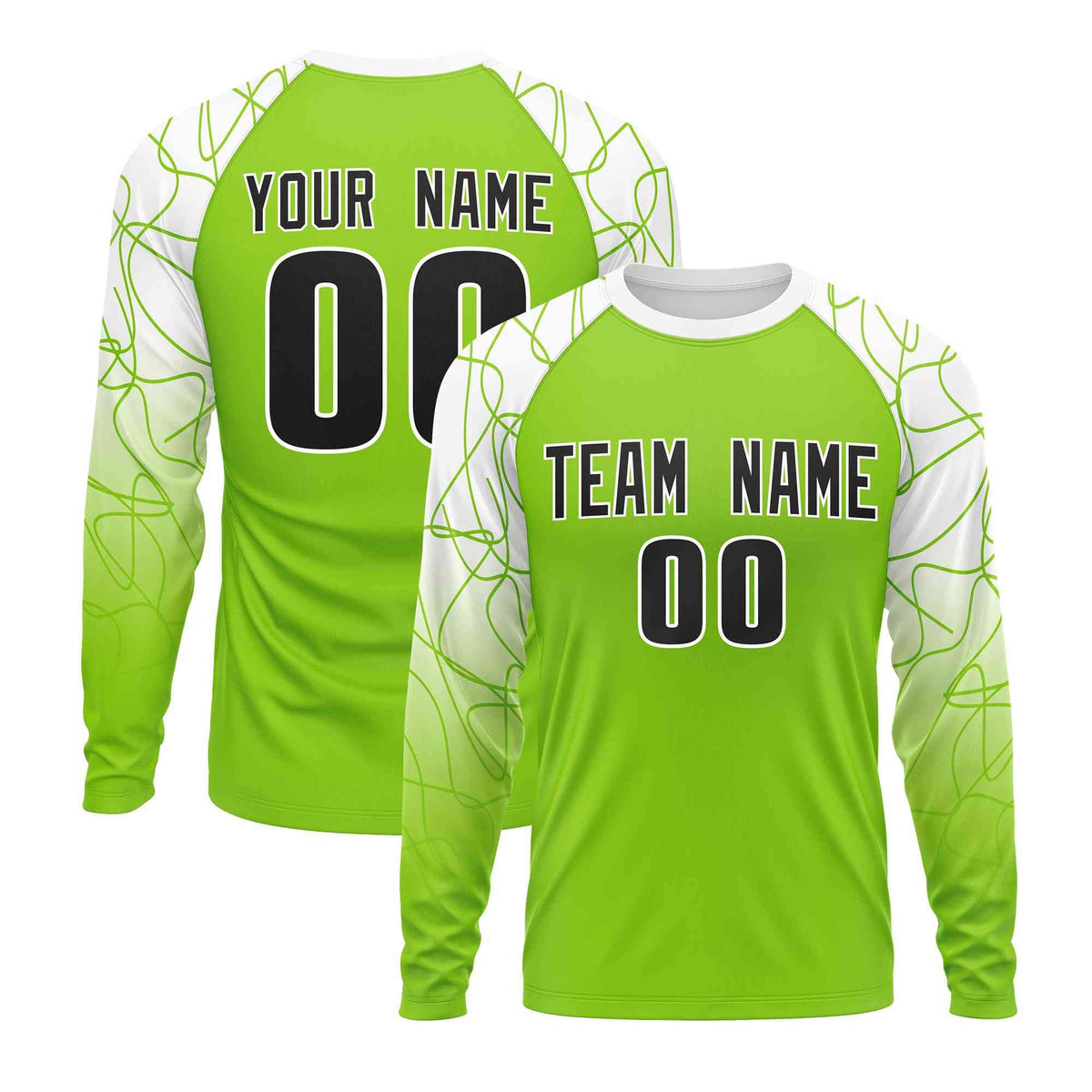 Custom Neon Green White Tangled Lines Pattern Raglan Long Sleeve Performance T-Shirt| KXKSHOP