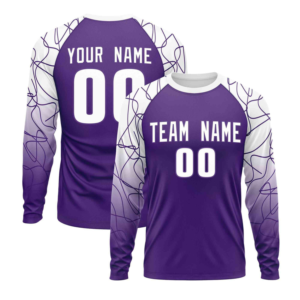 Custom Purple White Tangled Lines Pattern Raglan Long Sleeve Performance T-Shirt| KXKSHOP