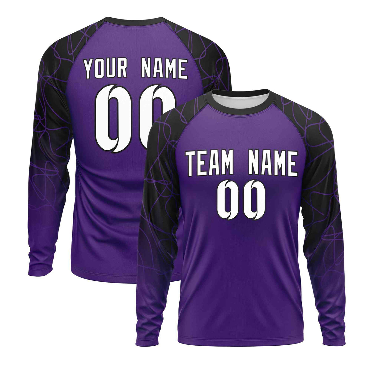 Custom Purple Black Tangled Lines Pattern Raglan Long Sleeve Performance T-Shirt