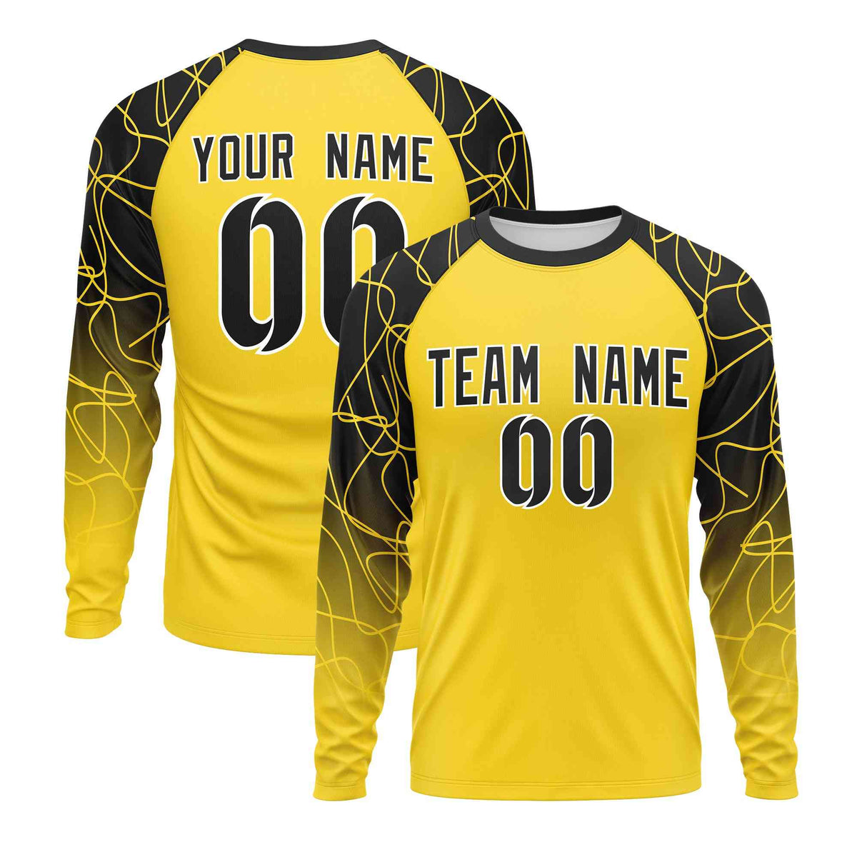 Custom Gold Black Tangled Lines Pattern Raglan Long Sleeve Performance T-Shirt