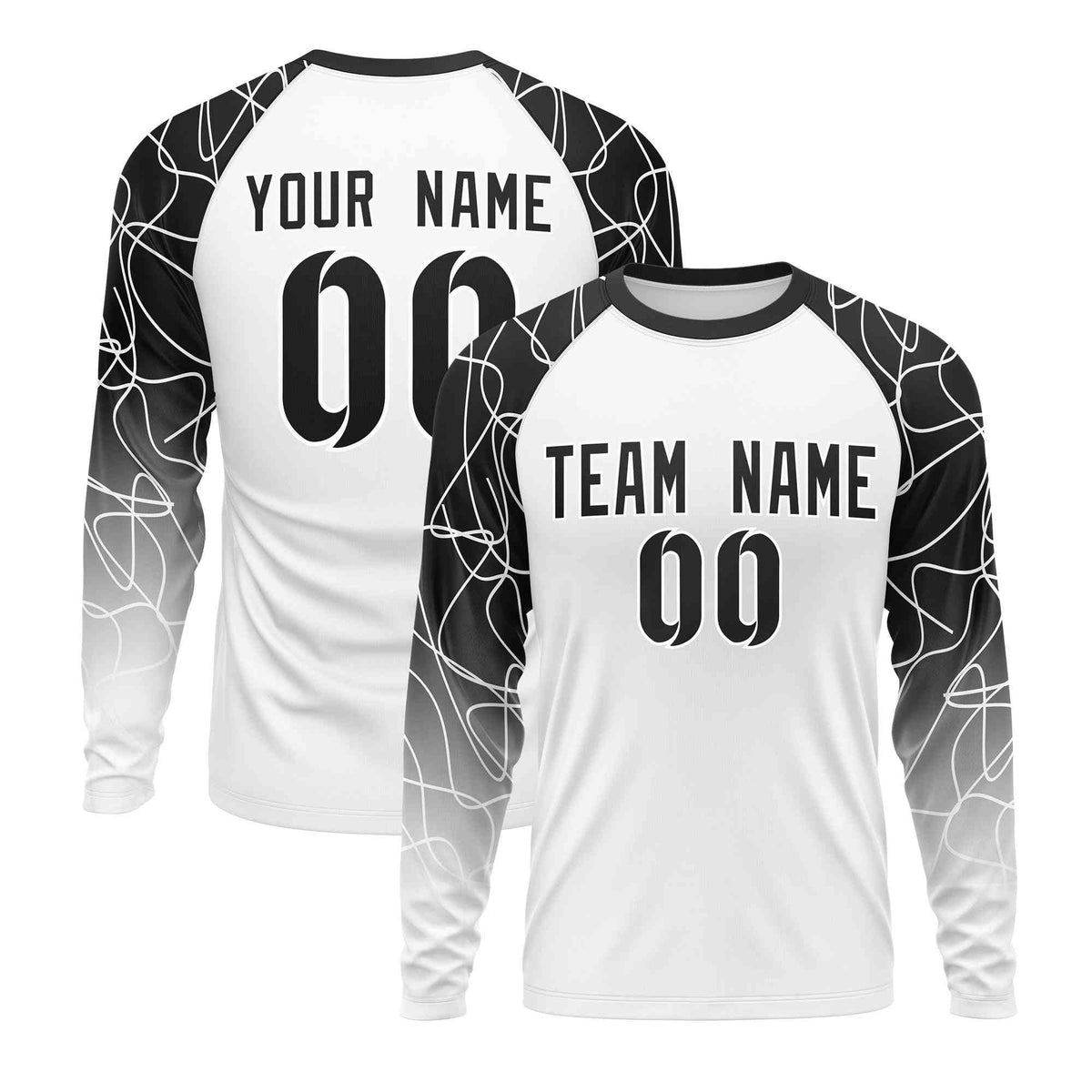 Custom White Black Tangled Lines Pattern Raglan Long Sleeve Performance T-Shirt