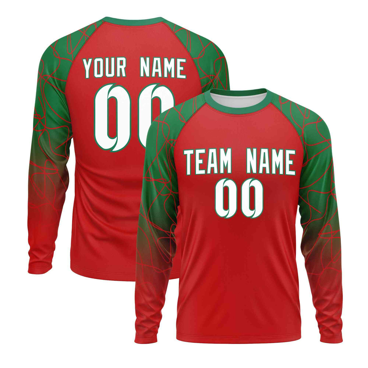 Custom Red Kelly Green Tangled Lines Pattern Raglan Long Sleeve Performance T-Shirt