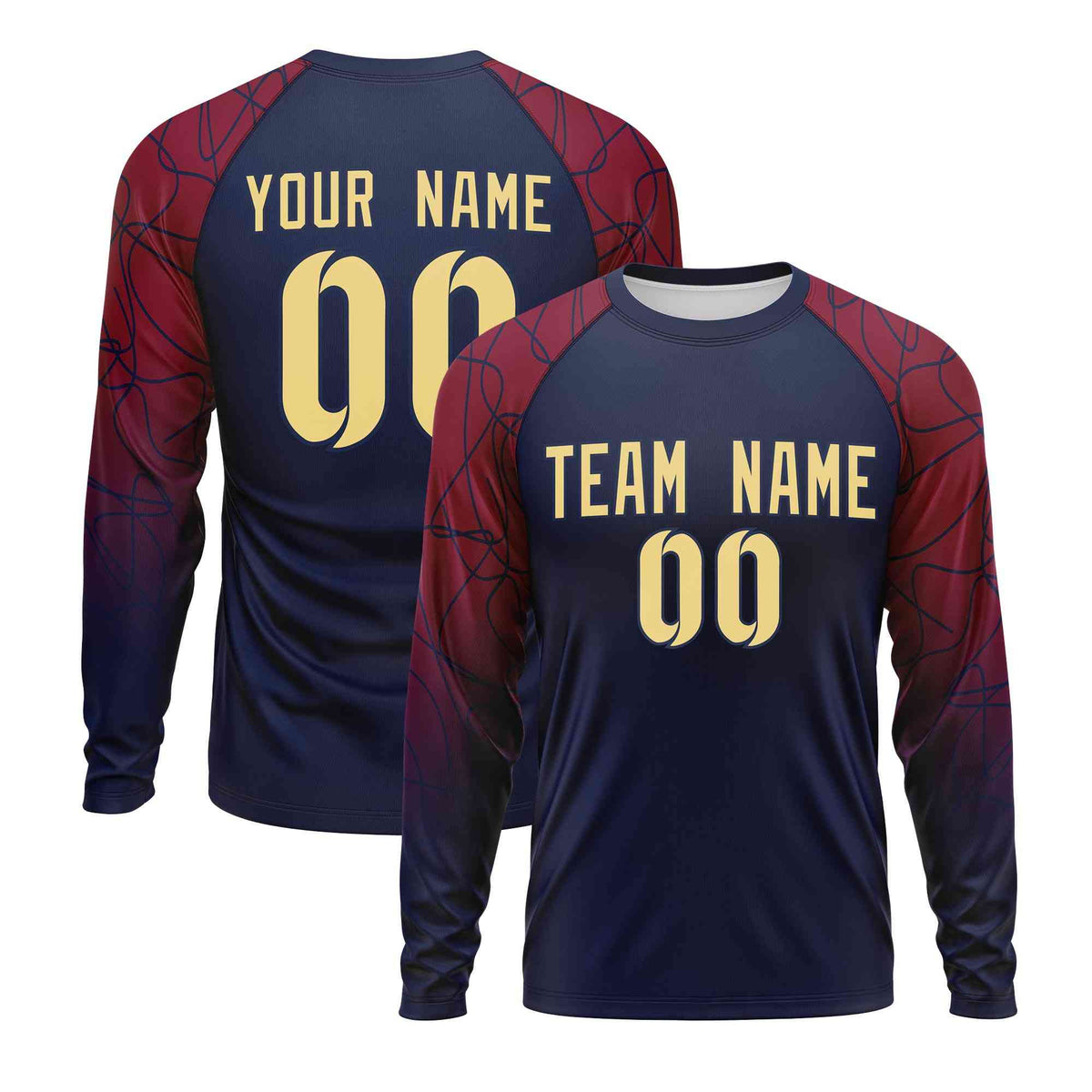 Custom Navy Crimson Tangled Lines Pattern Raglan Long Sleeve Performance T-Shirt