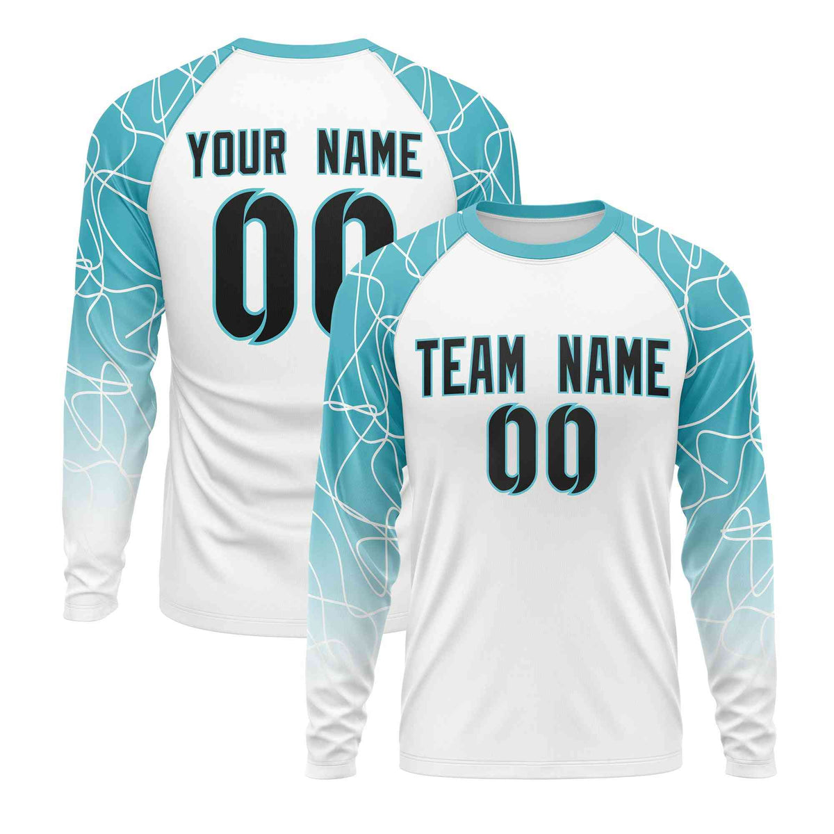 Custom Teal White Tangled Lines Pattern Raglan Long Sleeve Performance T-Shirt