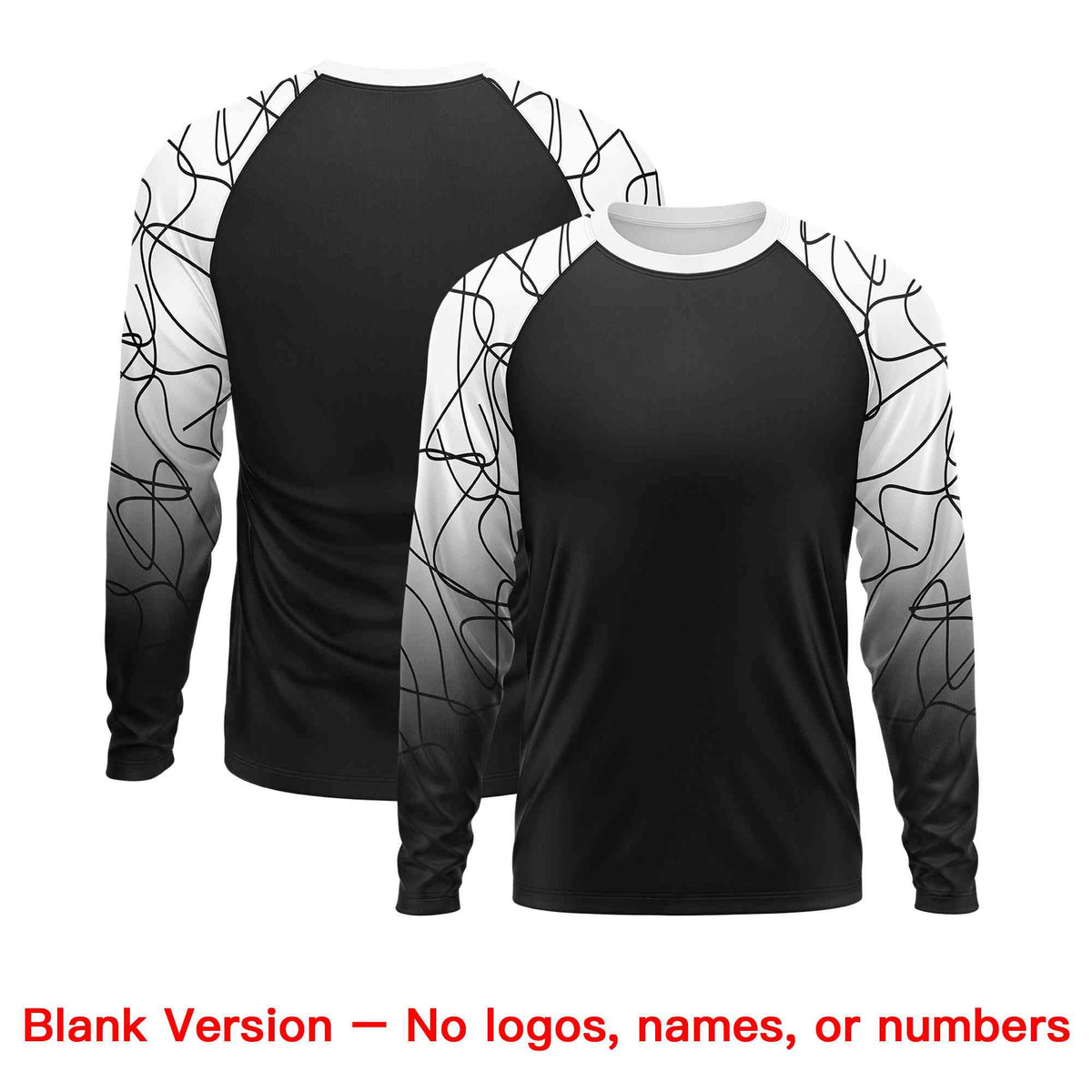 Custom Black White Tangled Lines Pattern Raglan Long Sleeve Performance T-Shirt