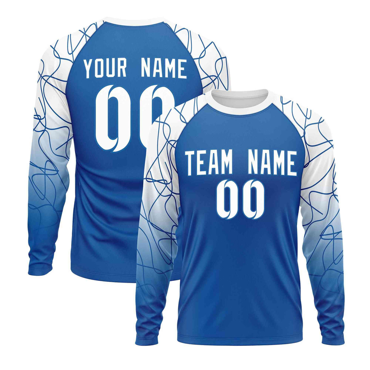 Custom White Royal Tangled Lines Pattern Raglan Long Sleeve Performance T-Shirt