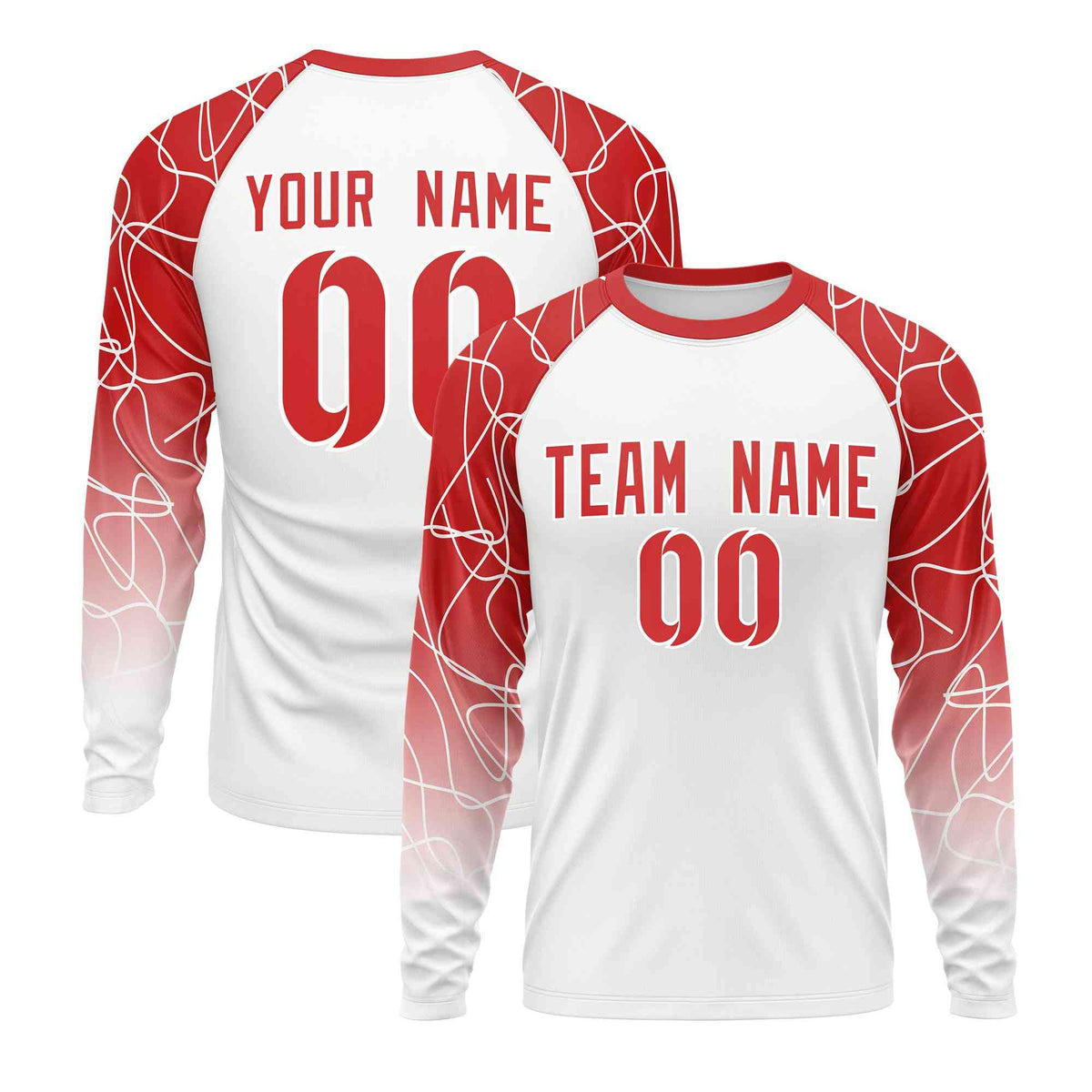 Custom White Red Tangled Lines Pattern Raglan Long Sleeve Performance T-Shirt