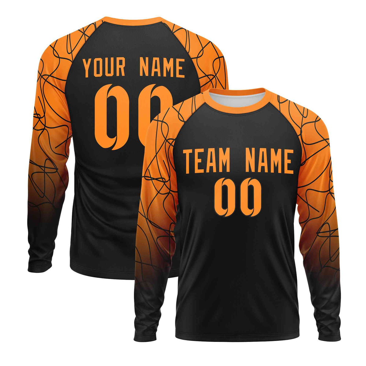 Custom Black Orange Tangled Lines Pattern Raglan Long Sleeve Performance T-Shirt