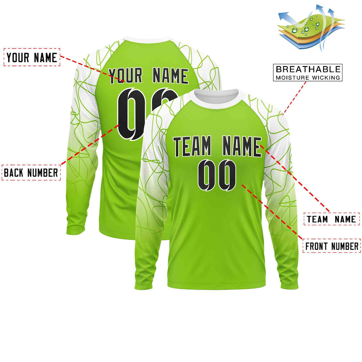 Custom Neon Green White Tangled Lines Pattern Raglan Long Sleeve Performance T-Shirt