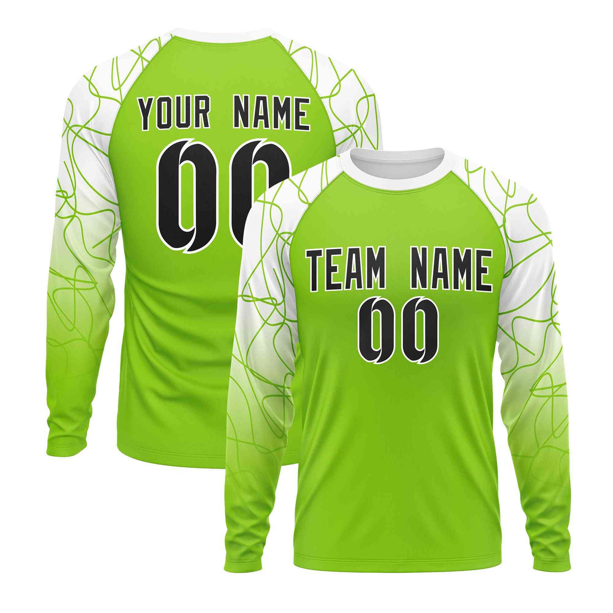 Custom Neon Green White Tangled Lines Pattern Raglan Long Sleeve Performance T-Shirt