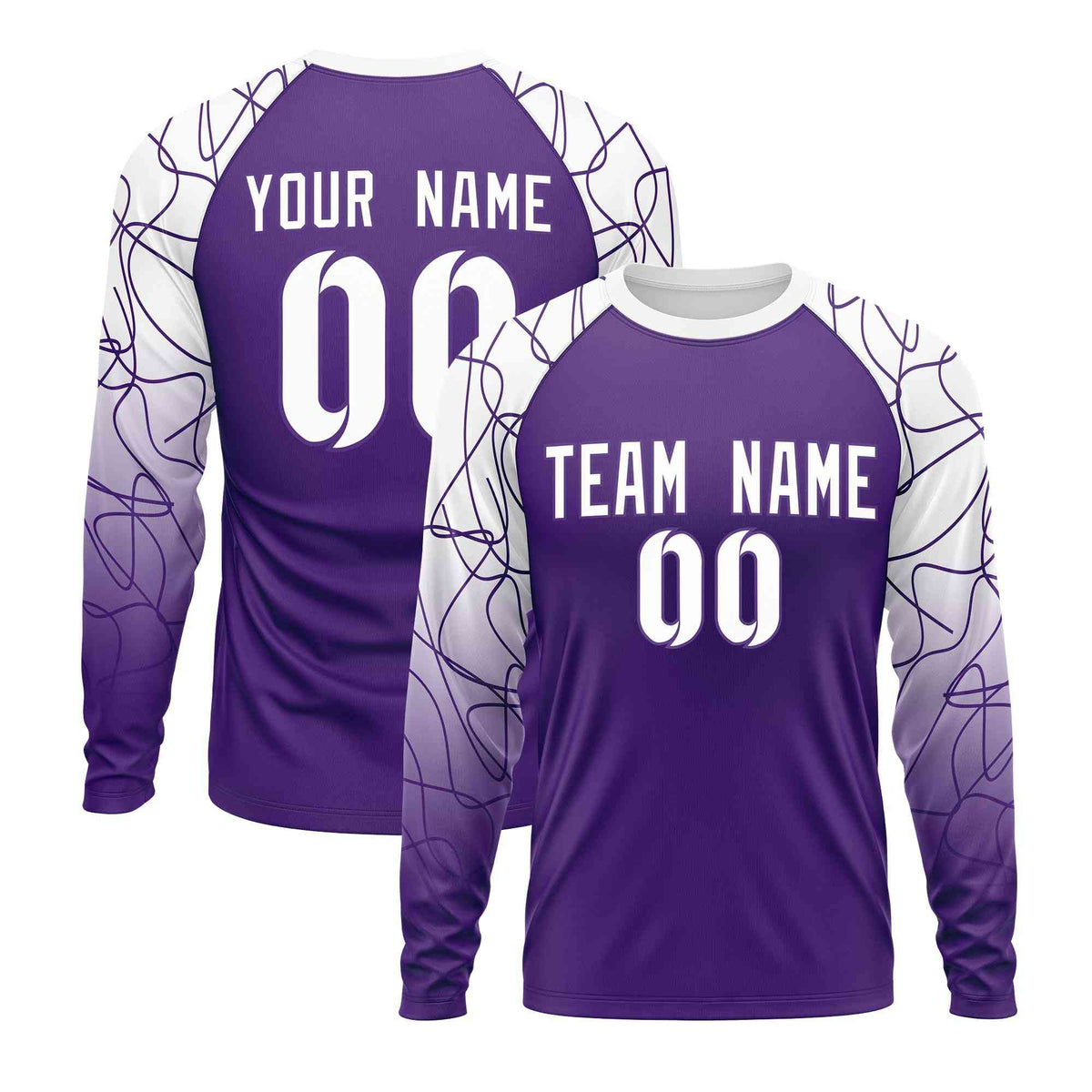 Custom Purple White Tangled Lines Pattern Raglan Long Sleeve Performance T-Shirt