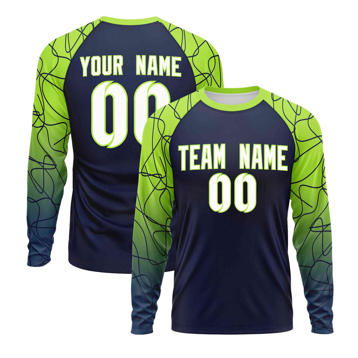 Custom Navy Neon Green Tangled Lines Pattern Raglan Long Sleeve Performance T-Shirt