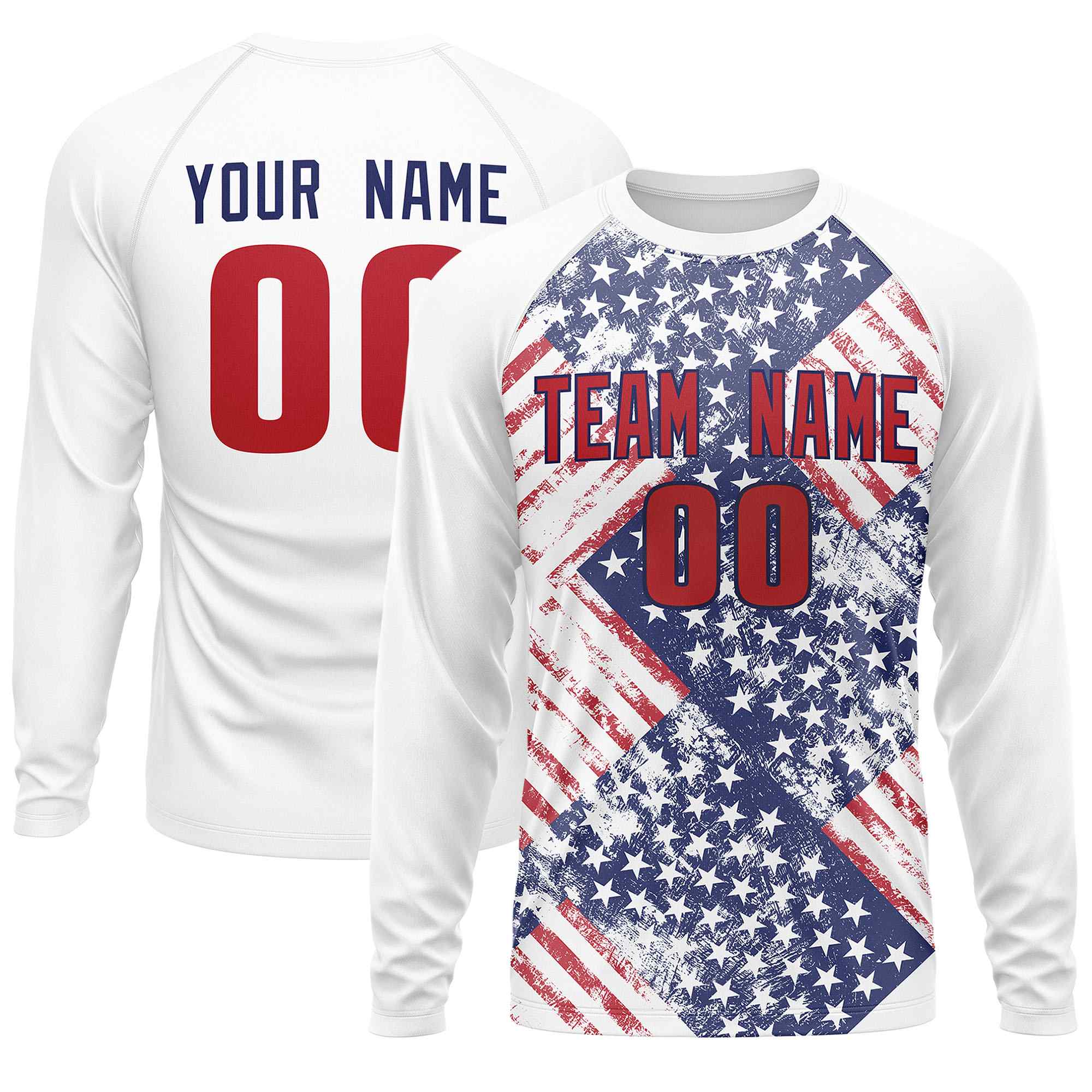 Custom White Royal-Red Personalized American Flag Design Long Sleeve Performance T-shirt