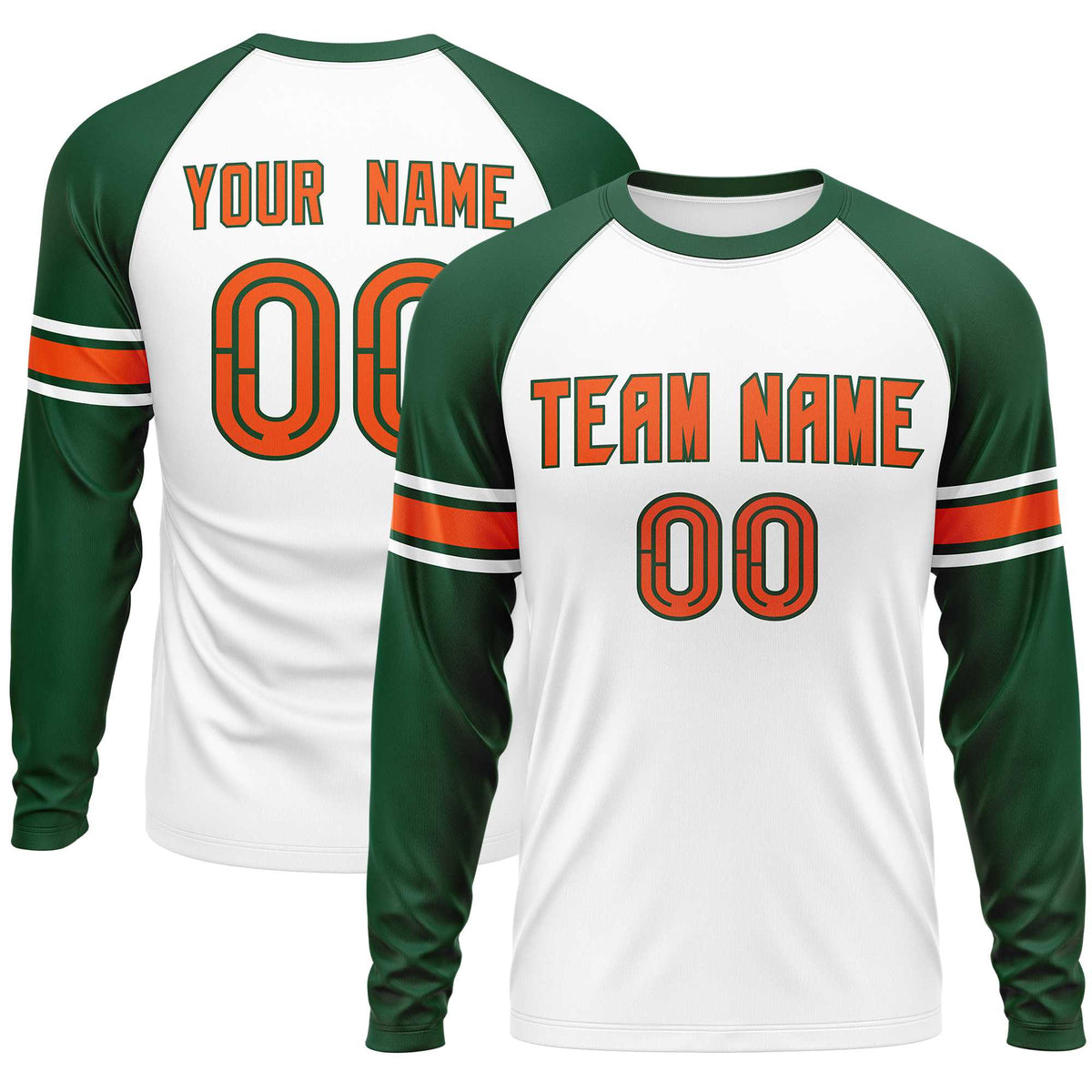 Custom White Green Orange Crew Neck Personalized Raglan Long Sleeve Performance T-shirt
