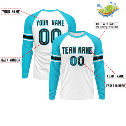 Custom White Sky Blue Black Crew Neck Personalized Raglan Long Sleeve Performance T-shirt