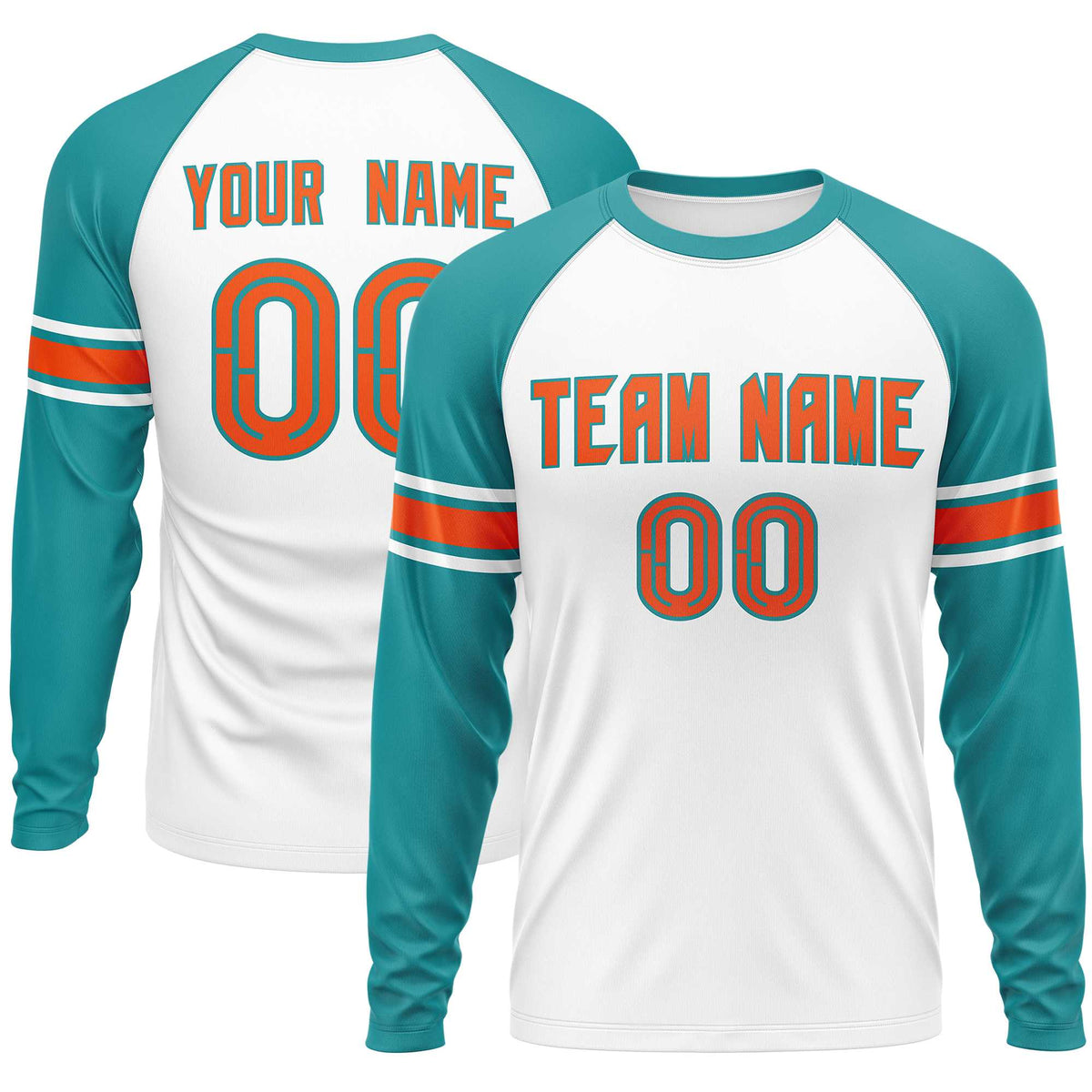 Custom White Aqua Orange Crew Neck Personalized Raglan Long Sleeve Performance T-shirt
