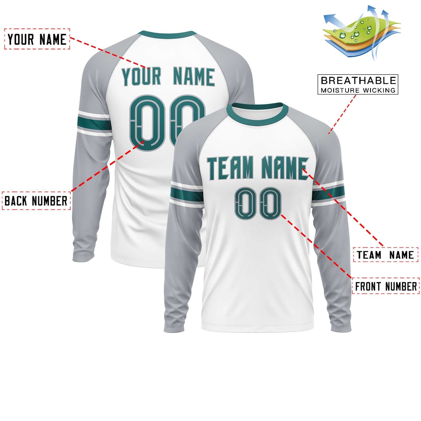 Custom White Gray Aqua Crew Neck Personalized Raglan Long Sleeve Performance T-shirt