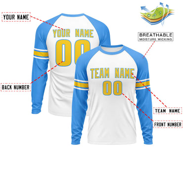 Custom White Powder Blue Gold Crew Neck Personalized Raglan Long Sleeve Performance T-shirt