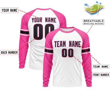 Custom White Pink Black Crew Neck Personalized Raglan Long Sleeve Performance T-shirt