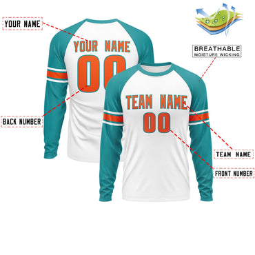 Custom White Aqua Orange Crew Neck Personalized Raglan Long Sleeve Performance T-shirt