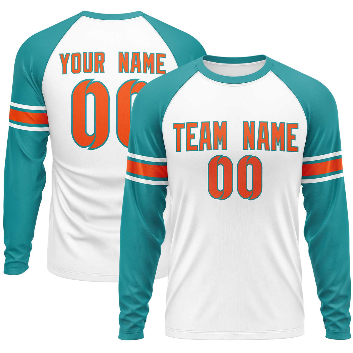 Custom White Aqua Orange Crew Neck Personalized Raglan Long Sleeve Performance T-shirt