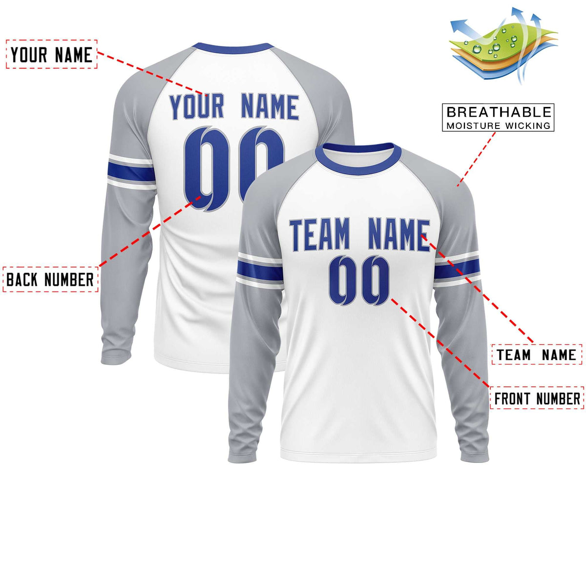 Custom White Gray Royal Crew Neck Personalized Raglan Long Sleeve Performance T-shirt
