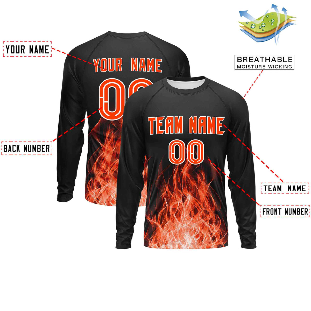 Custom Black Orange Colorful Flame Pattern Long Sleeve Performance T-Shirt