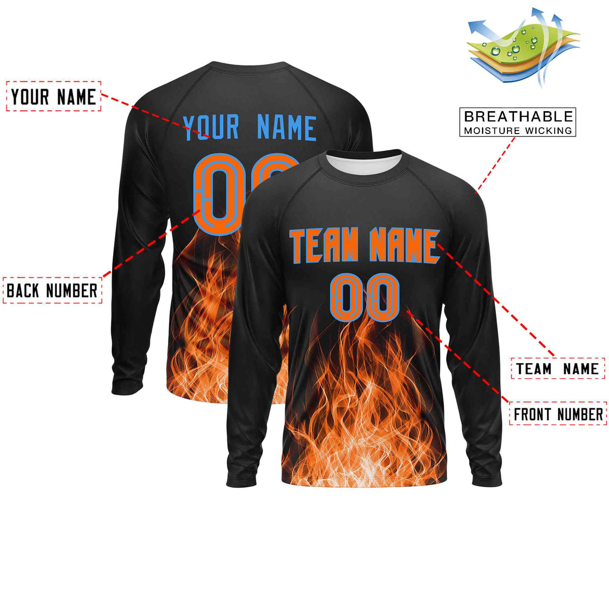 Custom Black Orange Colorful Flame Pattern Long Sleeve Performance T-Shirt