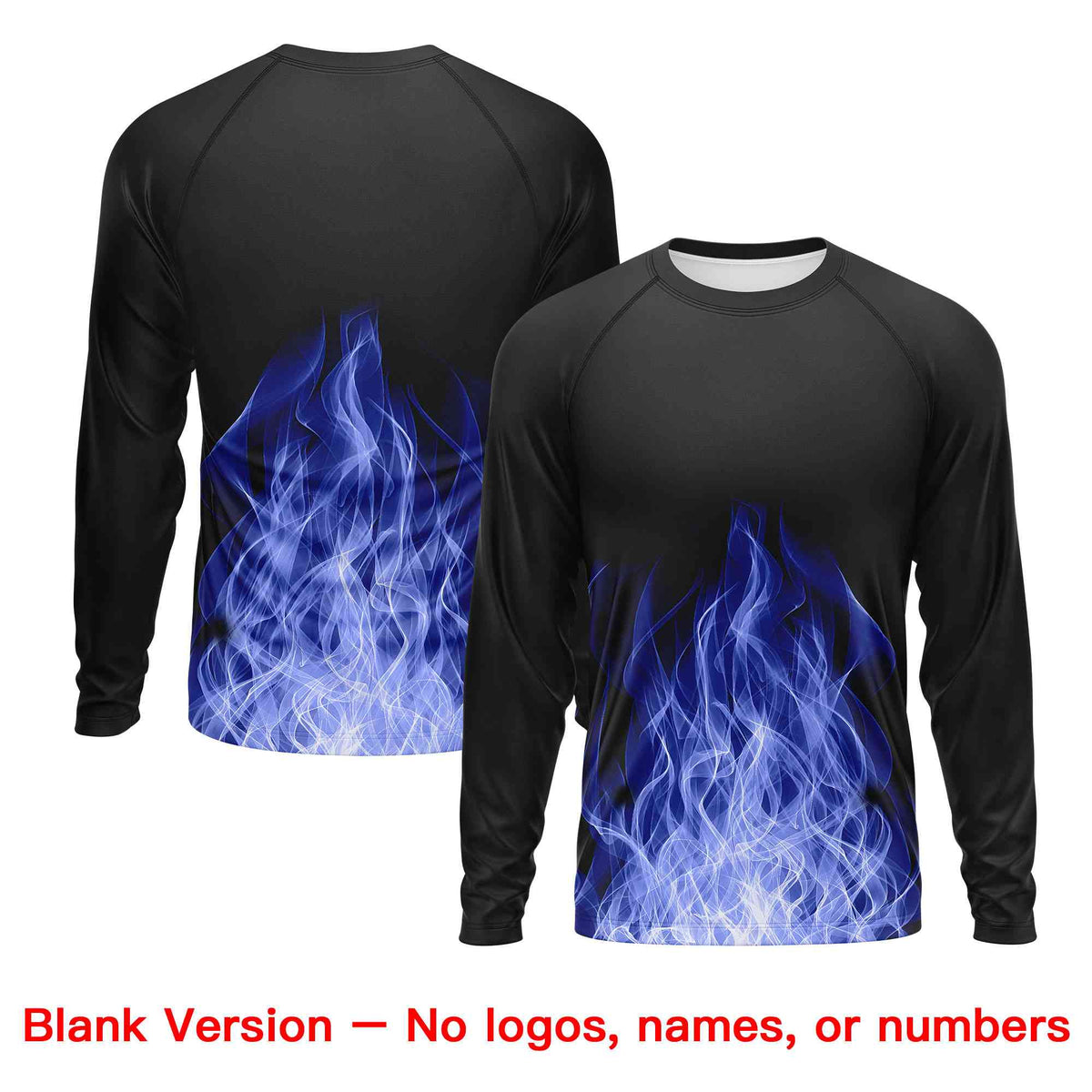 Custom Black Royal Blue Colorful Flame Pattern Long Sleeve Performance T-Shirt