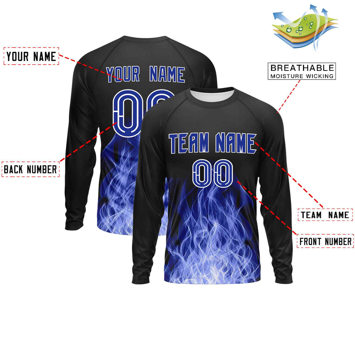 Custom Black Royal Blue Colorful Flame Pattern Long Sleeve Performance T-Shirt