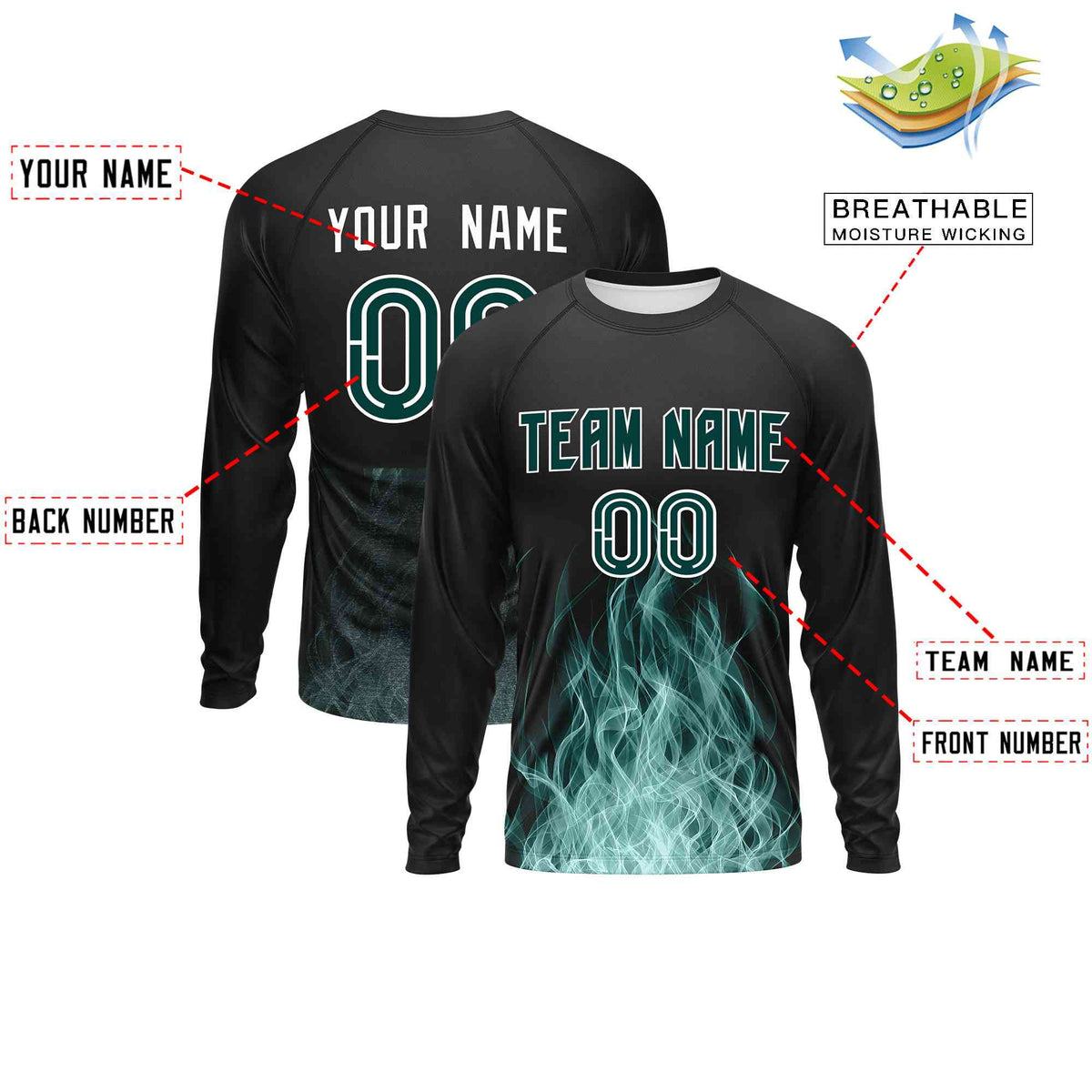Custom Black Midnight Green Colorful Flame Pattern Long Sleeve Performance T-Shirt
