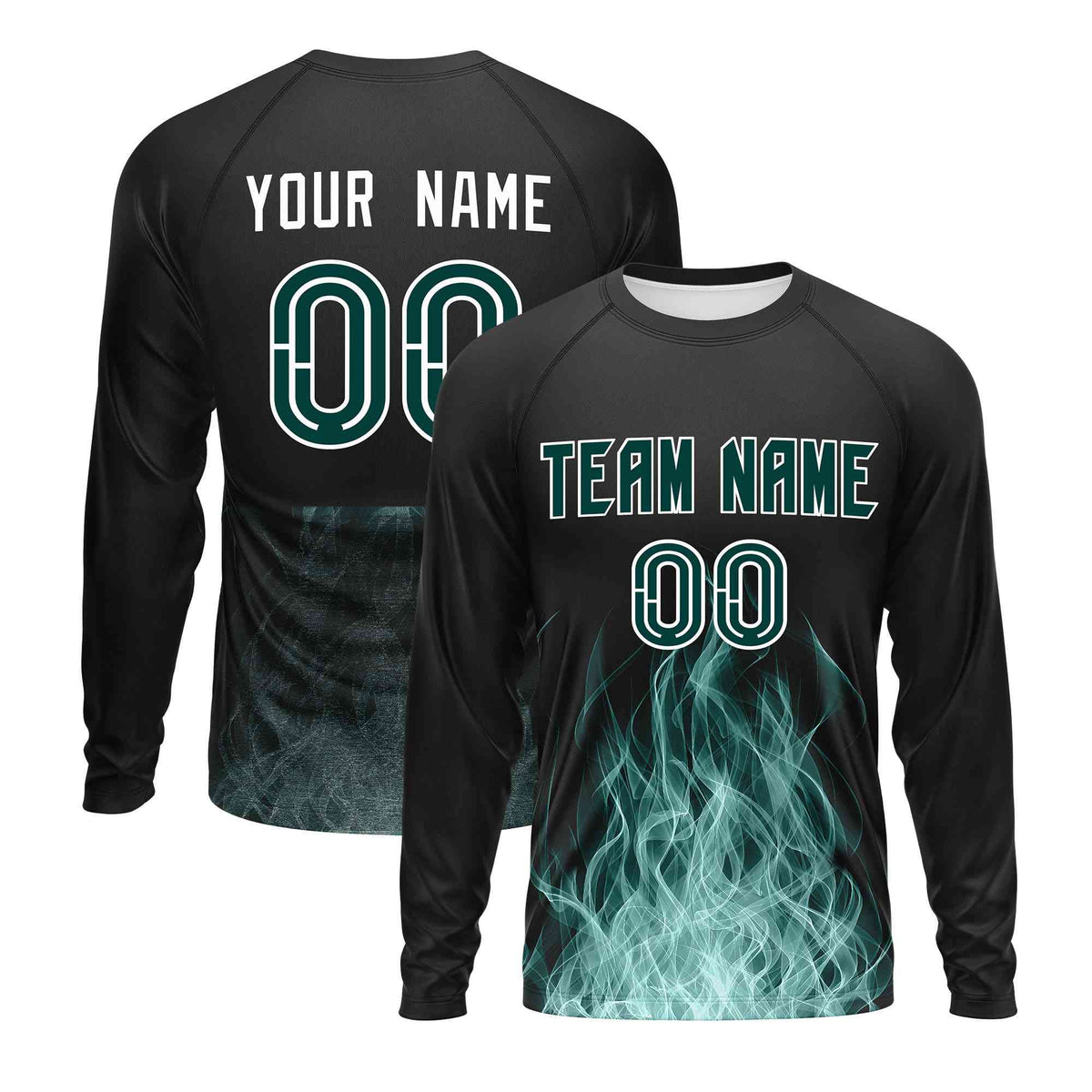 Custom Black Midnight Green Colorful Flame Pattern Long Sleeve Performance T-Shirt