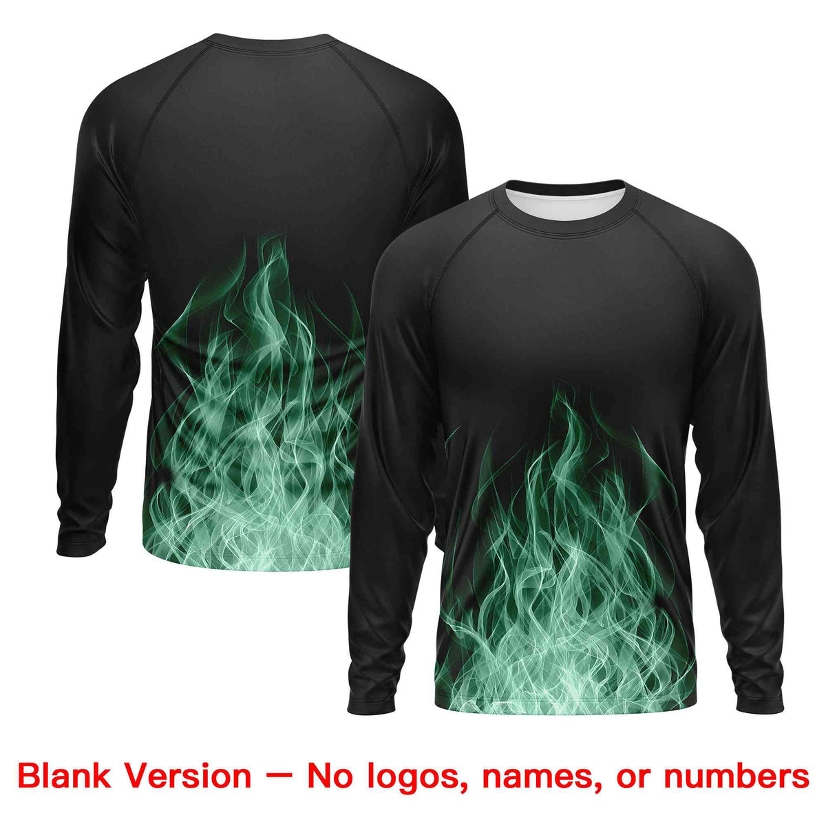 Custom Black Green Colorful Flame Pattern Long Sleeve Performance T-Shirt