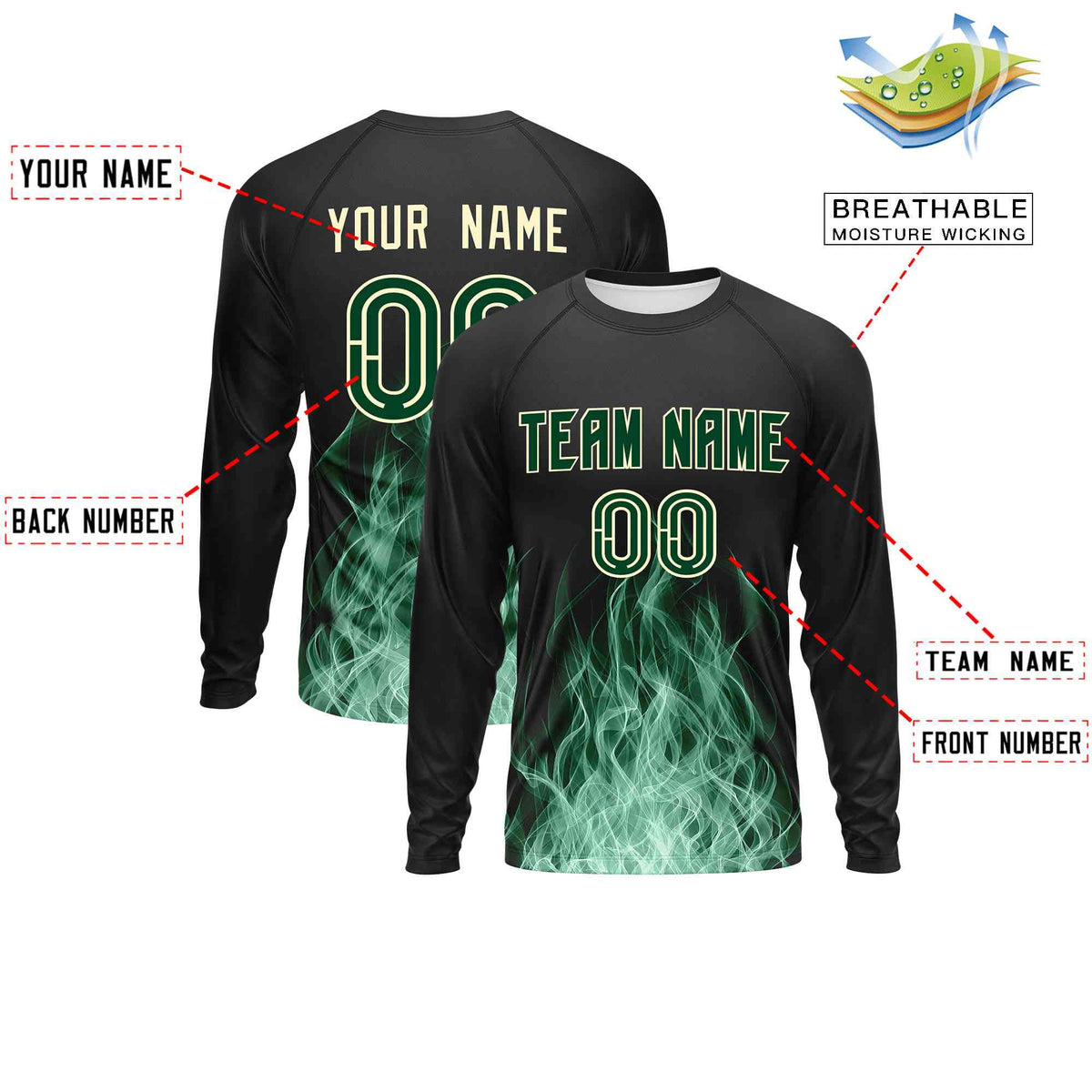 Custom Black Green Colorful Flame Pattern Long Sleeve Performance T-Shirt