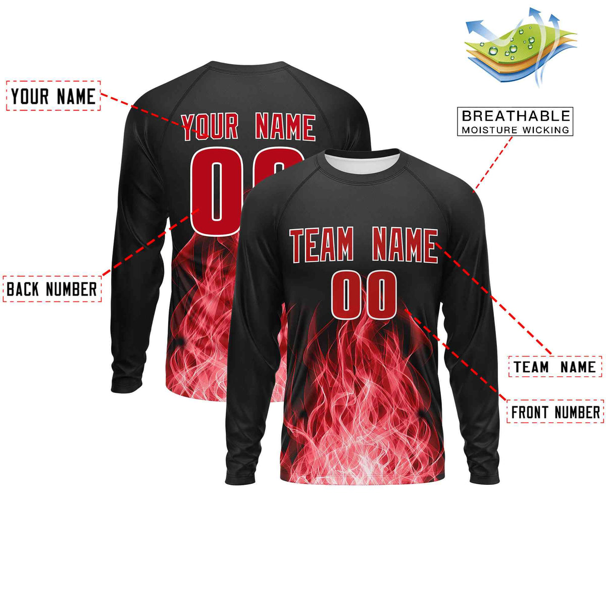 Custom Black Red Colorful Flame Pattern Long Sleeve Performance T-Shirt| KXKSHOP