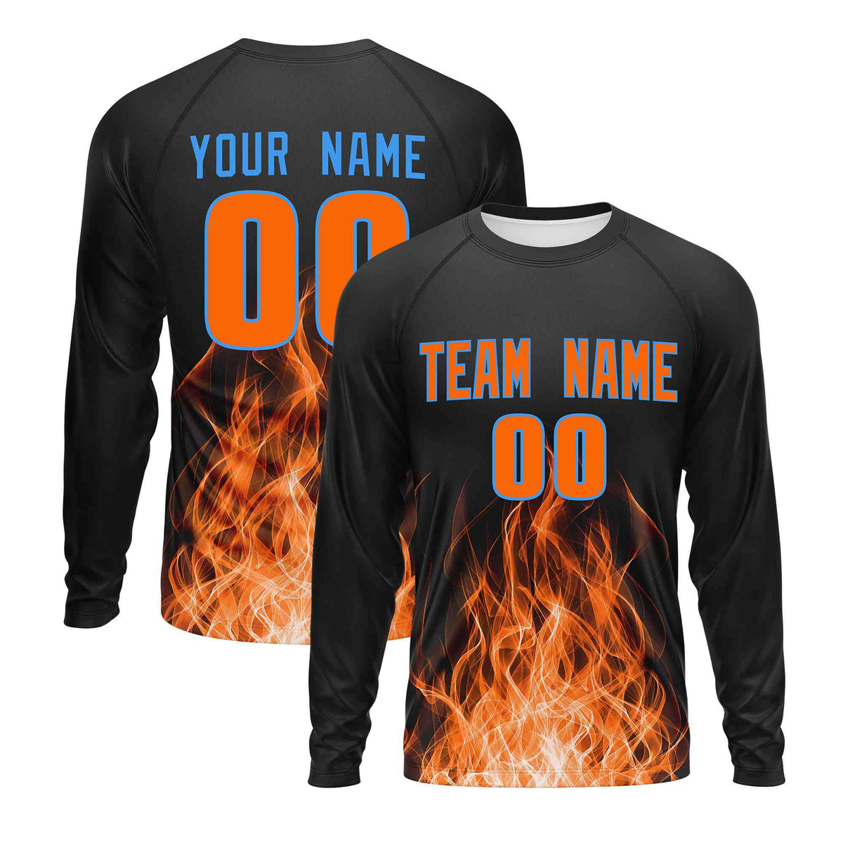 Custom Black Orange Colorful Flame Pattern Long Sleeve Performance T-Shirt| KXKSHOP