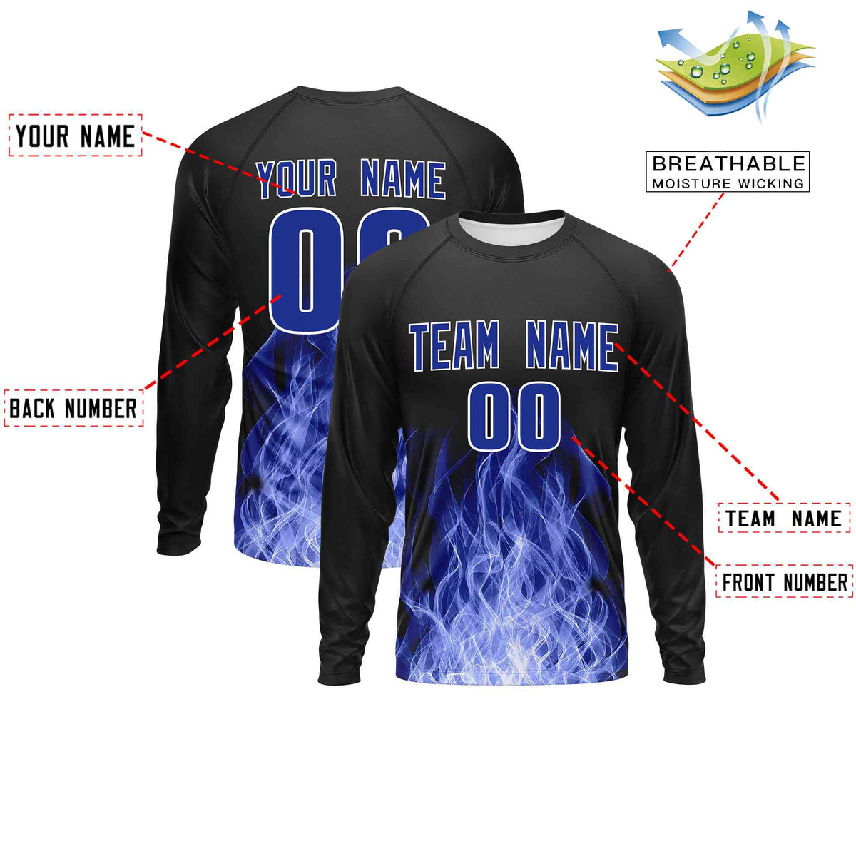 Custom Black Royal Blue Colorful Flame Pattern Long Sleeve Performance T-Shirt| KXKSHOP