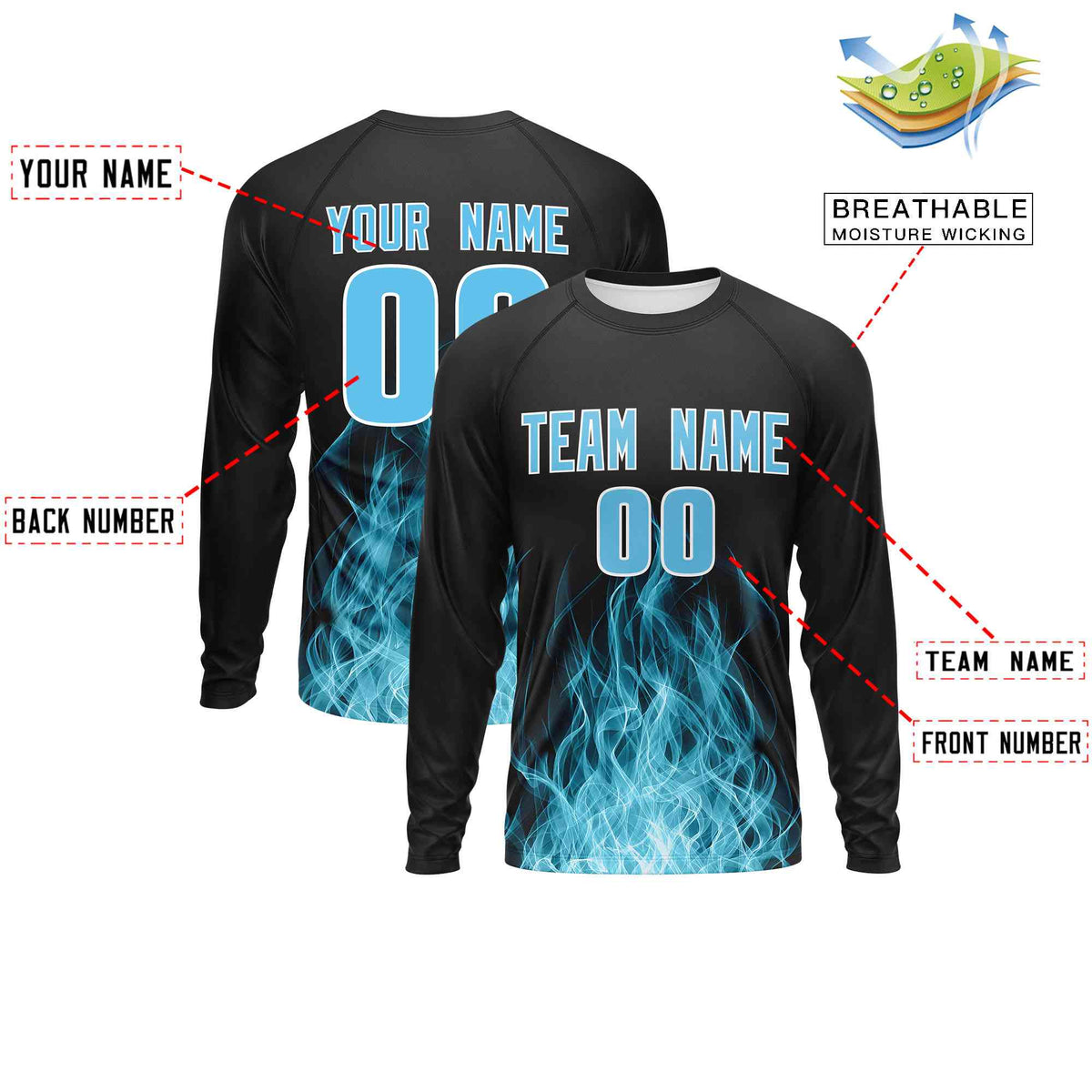 Custom Black Sky Blue Colorful Flame Pattern Long Sleeve Performance T-Shirt| KXKSHOP