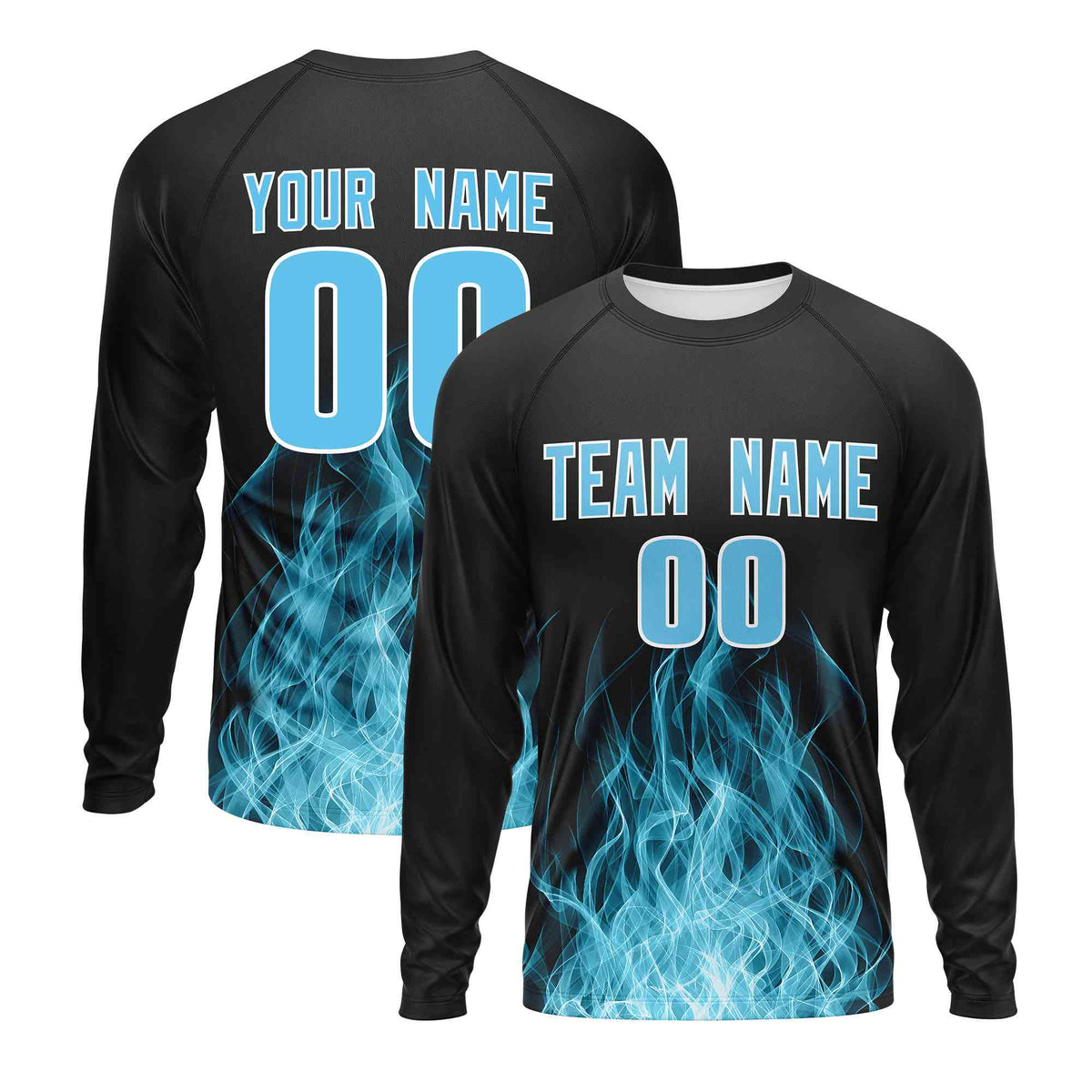Custom Black Sky Blue Colorful Flame Pattern Long Sleeve Performance T-Shirt| KXKSHOP