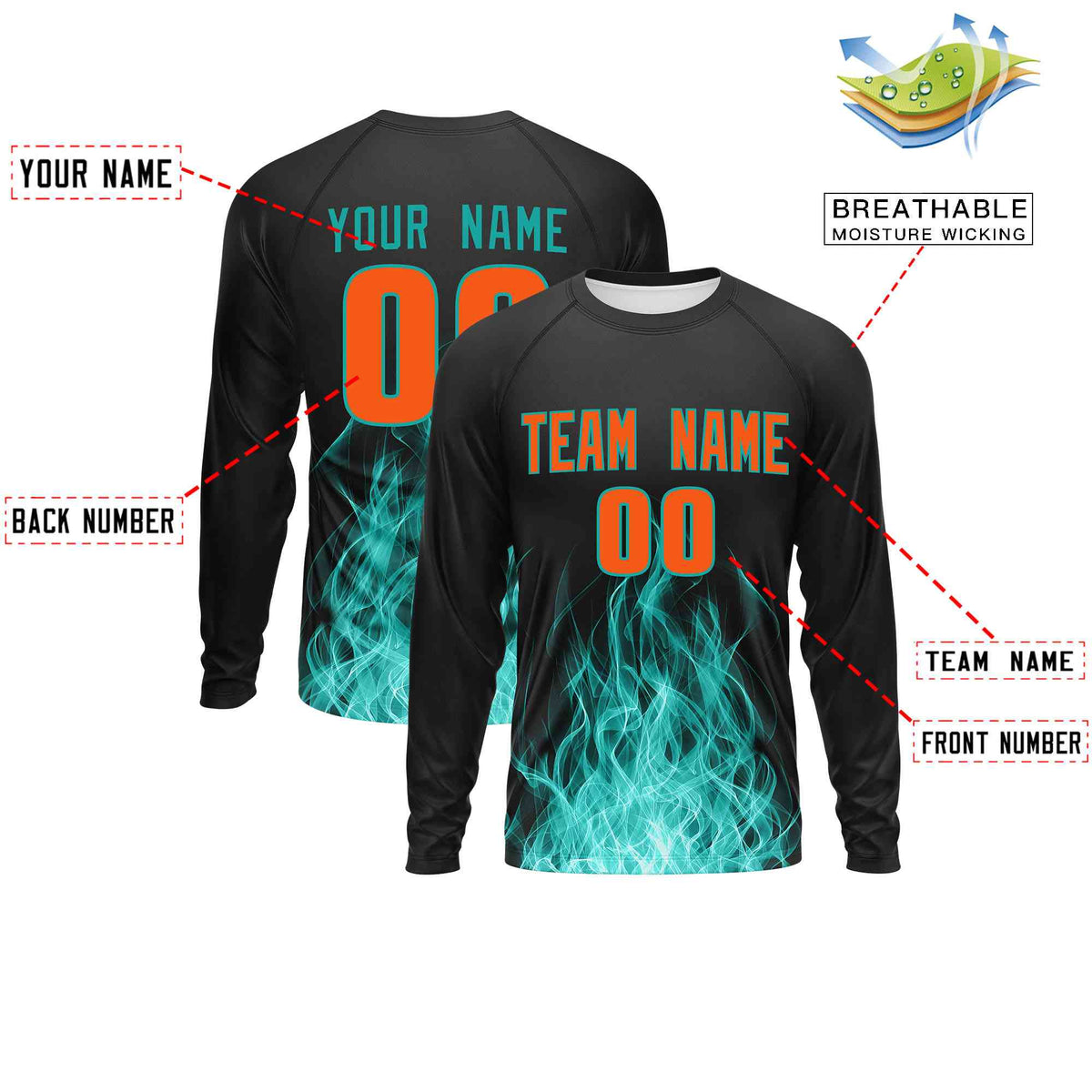 Custom Black Aqua Colorful Flame Pattern Long Sleeve Performance T-Shirt| KXKSHOP