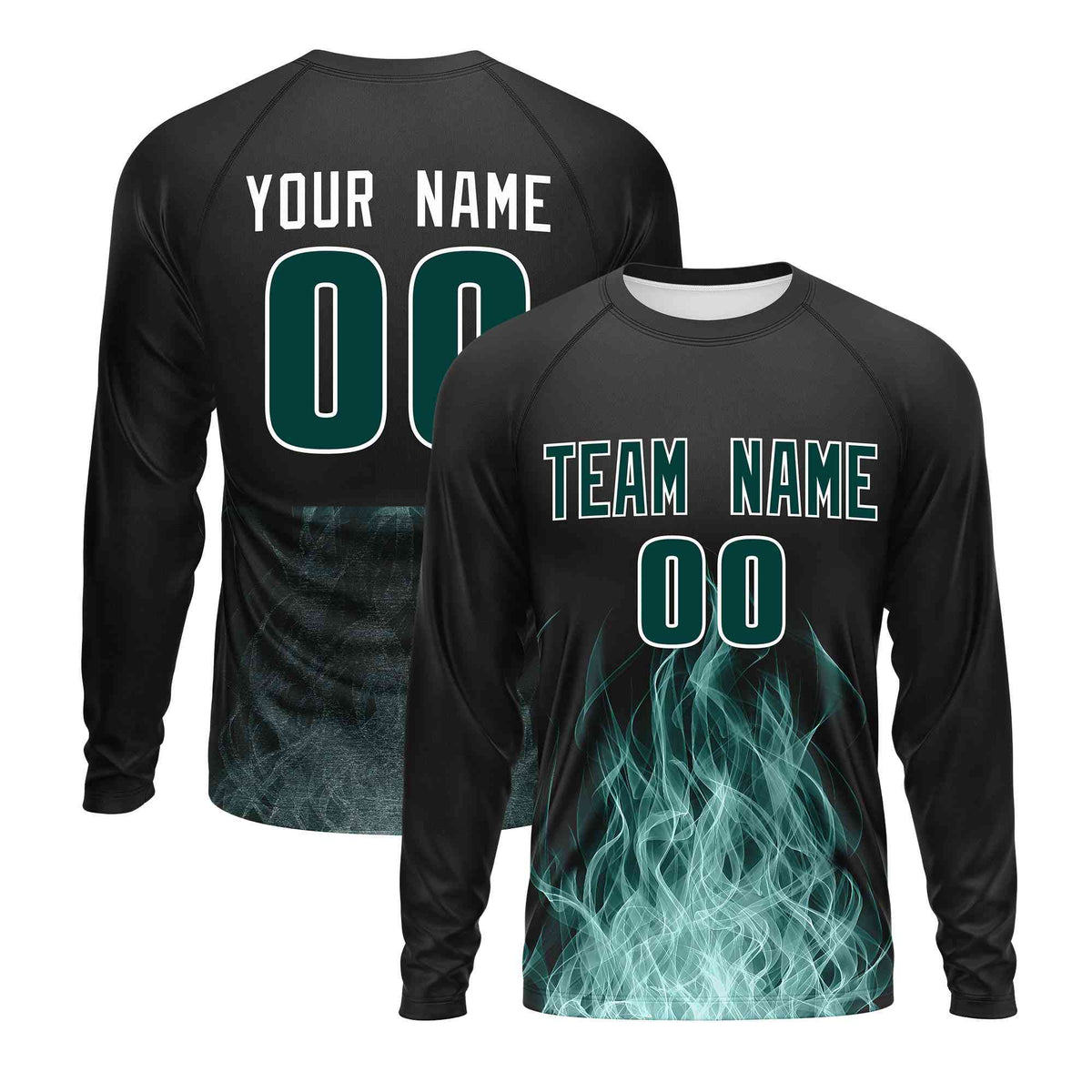 Custom Black Midnight Green Colorful Flame Pattern Long Sleeve Performance T-Shirt| KXKSHOP