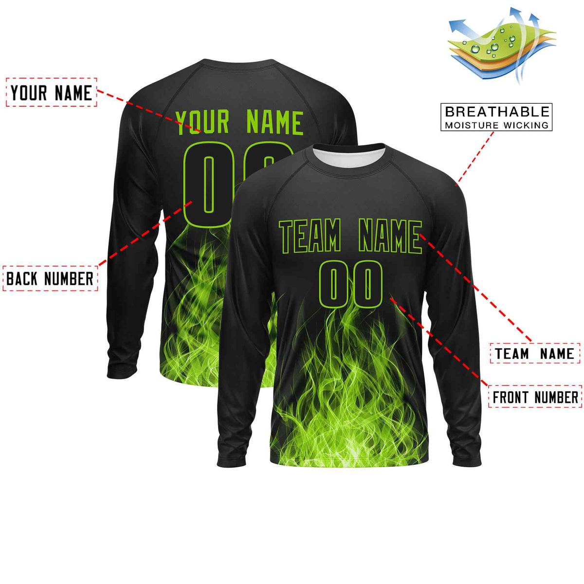 Custom Black Neon Green Colorful Flame Pattern Long Sleeve Performance T-Shirt| KXKSHOP