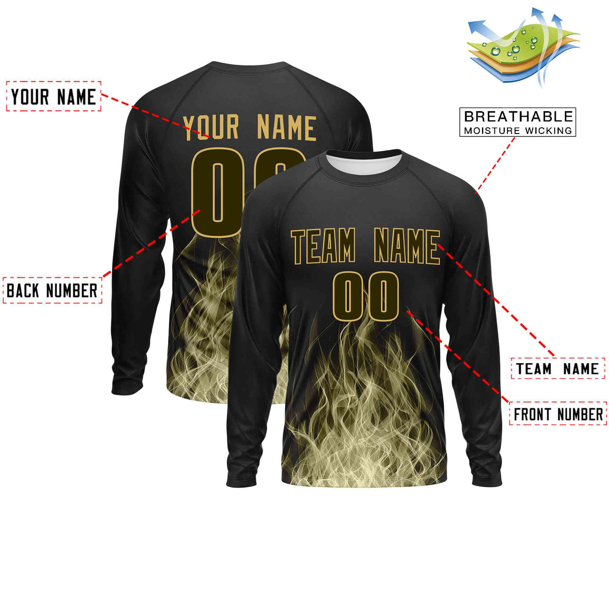 Custom Black Olive Colorful Flame Pattern Long Sleeve Performance T-Shirt| KXKSHOP