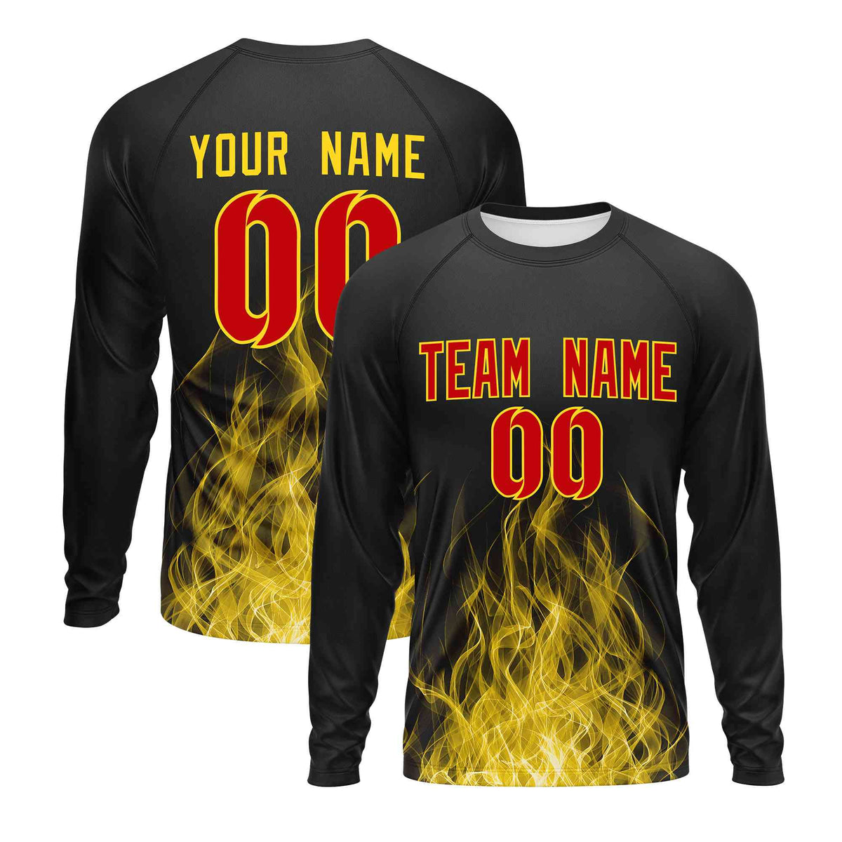 Custom Black Gold Colorful Flame Pattern Long Sleeve Performance T-Shirt