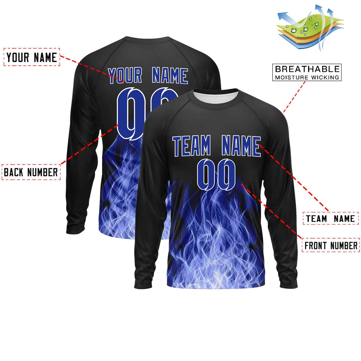 Custom Black Royal Blue Colorful Flame Pattern Long Sleeve Performance T-Shirt