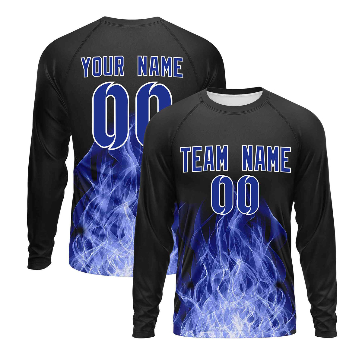 Custom Black Royal Blue Colorful Flame Pattern Long Sleeve Performance T-Shirt