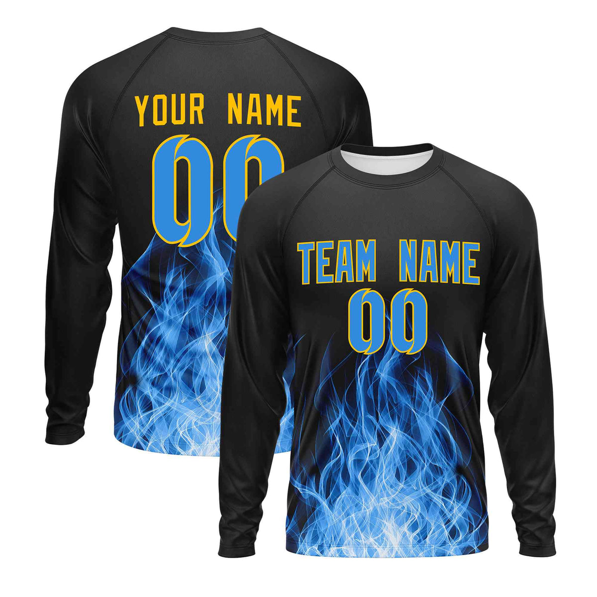 Custom Black Light Blue Colorful Flame Pattern Long Sleeve Performance T-Shirt